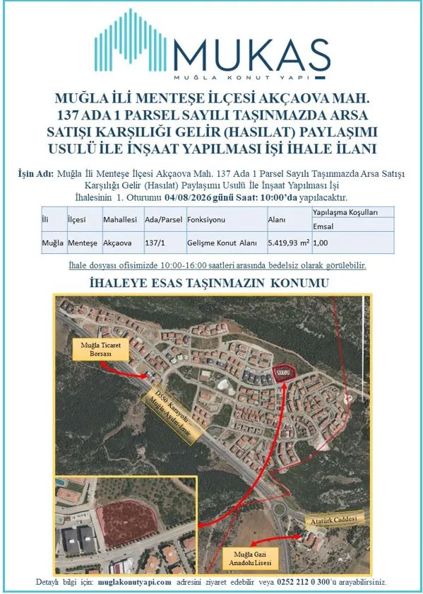 “Menteşe Akçaova’da Konut Alanı İçin Gelir Paylaşımı İhalesi Düzenlenecek”